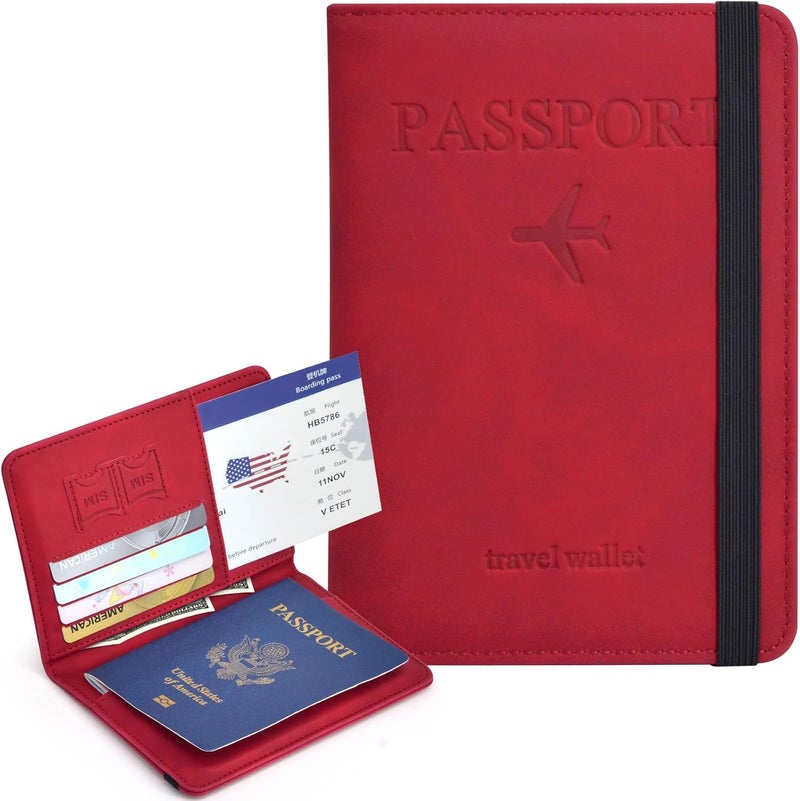 KAOBAN Passport Holder, Passport Cover with Credit Card Slot and Boarding Pass Slot Combo, Passport Wallet Case Book Travel Must Have, RFID Blocking Leather Travel Accessories, Red - Image 2